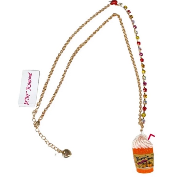 New Betsey Johnson Pumpkin Spice Pendant Fall Latte Crystal Necklace - Picture 5 of 13